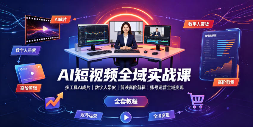 AI短视频全域实战课｜多工具AI成片、数字人带货、剪映高阶剪辑、账号运营全域变现全套教程-青虫资源网