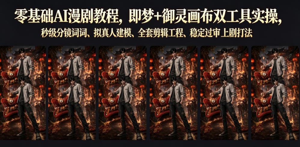 零基础AI漫剧教程，即梦+御灵画布双工具实操，秒级分镜提示词、拟真人建模、全套剪辑工程、稳定过审上剧打法-青虫资源网