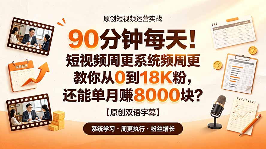 90 分钟每天！短视频周更系统教你从 0 到 18K 粉，还能单月赚 8000 块？【原创双语字幕】-青虫资源网