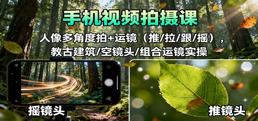 手机视频拍摄课：人像多角度拍+运镜(推/拉/跟/摇)，古建筑/空镜头/组合运镜实操-快名资源网
