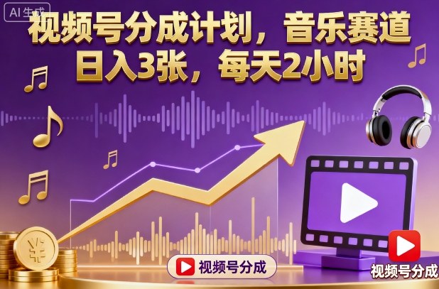 视频号分成计划，音乐赛道，日入3张，每天2小时-快名资源网