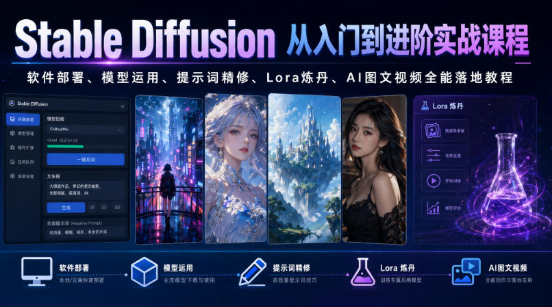 Stable Diffusion从入门到进阶实战课程｜软件部署、模型运用、提示词精修、Lora炼丹、AI图文视频全能落地教程-青虫资源网