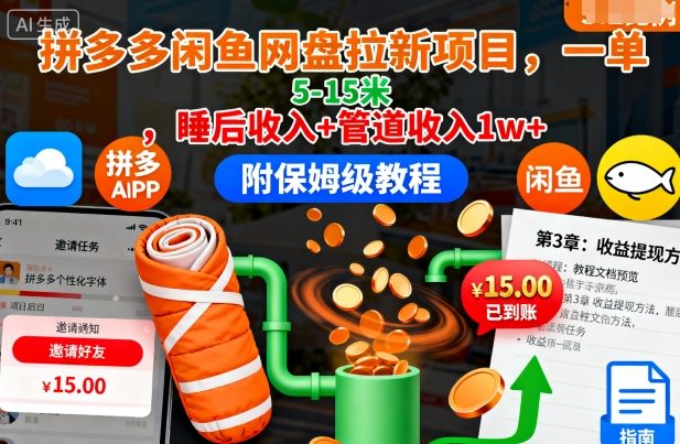 拼多多闲鱼网盘拉新项目，一单5-15米，睡后收入+管道收入1w+(附保姆级教程)-快名资源网