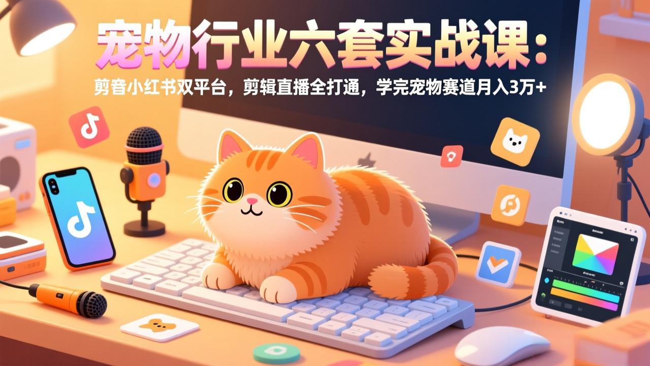 宠物行业六套实战课：抖音小红书双平台，剪辑直播全打通，学完宠物赛道月入3万+-快名资源网