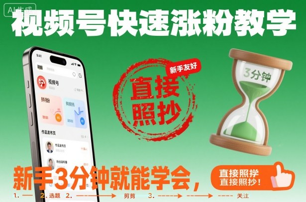 视频号快速涨粉教学，新手3分钟就能学会，直接照抄！-快名资源网