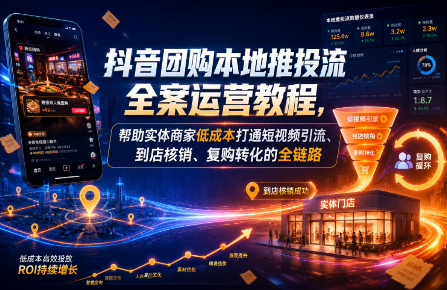 抖音团购本地推投流全案运营教程，帮助实体商家低成本打通短视频引流、到店核销、复购转化的全链路-快名资源网