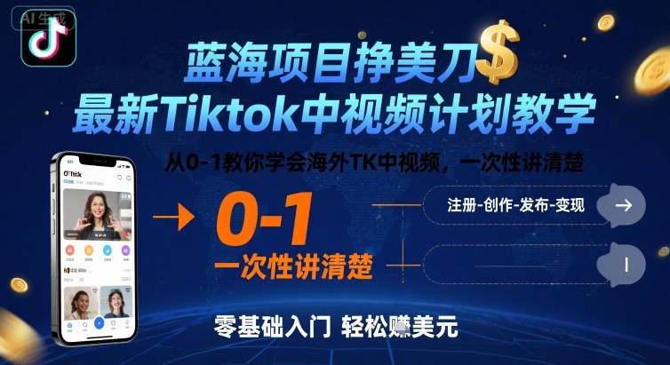 蓝海项目挣美刀，最新Tiktok中视频计划教学，从0-1教你学会海外TK中视频，一次性讲清楚-快名资源网