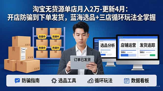 淘宝无货源5.0单店月入2万-更新4月：开店防骗到下单发货，蓝海选品+三店循环玩法全掌握-快名资源网