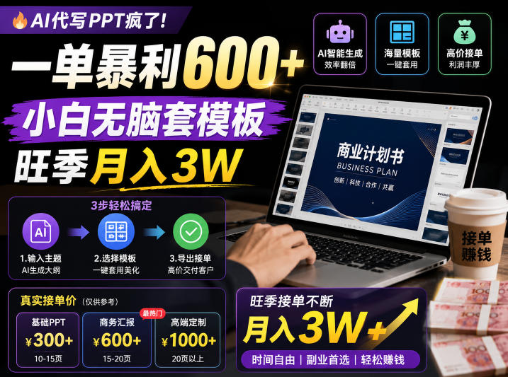 AI代写PPT疯了！一单暴利600+，小白无脑套模板，旺季月入3W，不用苦哈哈引流【揭秘】-快名资源网