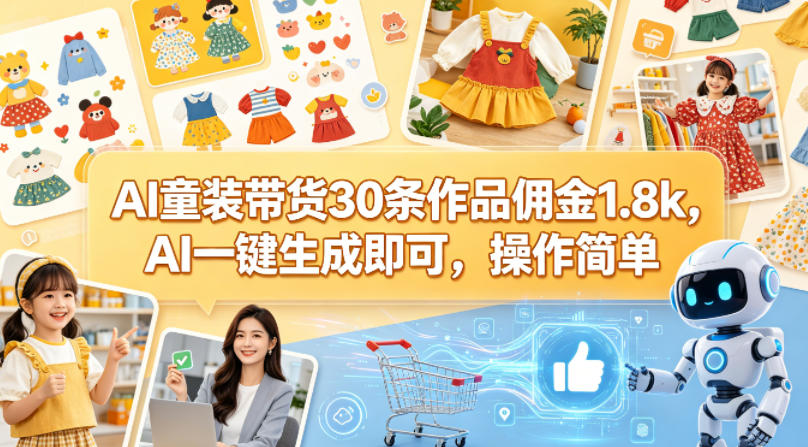 AI童装带货30条作品佣金1.8k，AI一键生成即可，操作简单-快名资源网