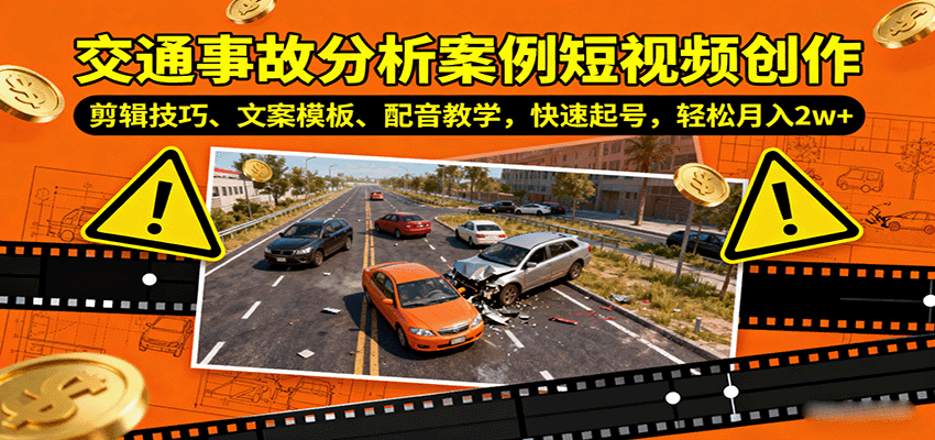 交通事故分析案例短视频创作，剪辑技巧、文案模板、配音教学，快速起号，轻松月入2w+-快名资源网