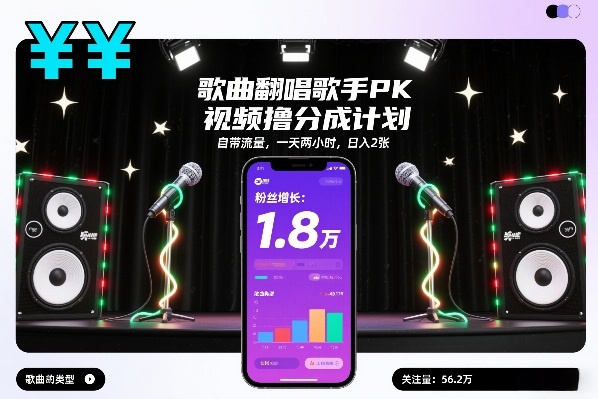 歌曲翻唱歌手PK视频撸分成计划，自带流量，一天两小时，日入2张-快名资源网