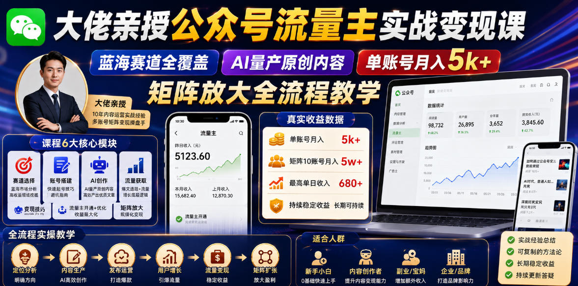 大佬亲授公众号流量主实战变现课，蓝海赛道全覆盖，AI量产原创内容，单账号月入5k+矩阵放大全流程教学-快名资源网