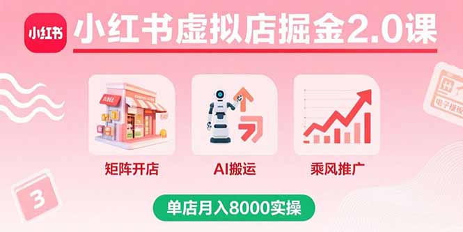小红书虚拟店掘金2.0课，矩阵开店+AI搬运+乘风推广，单店月入8000实操-快名资源网