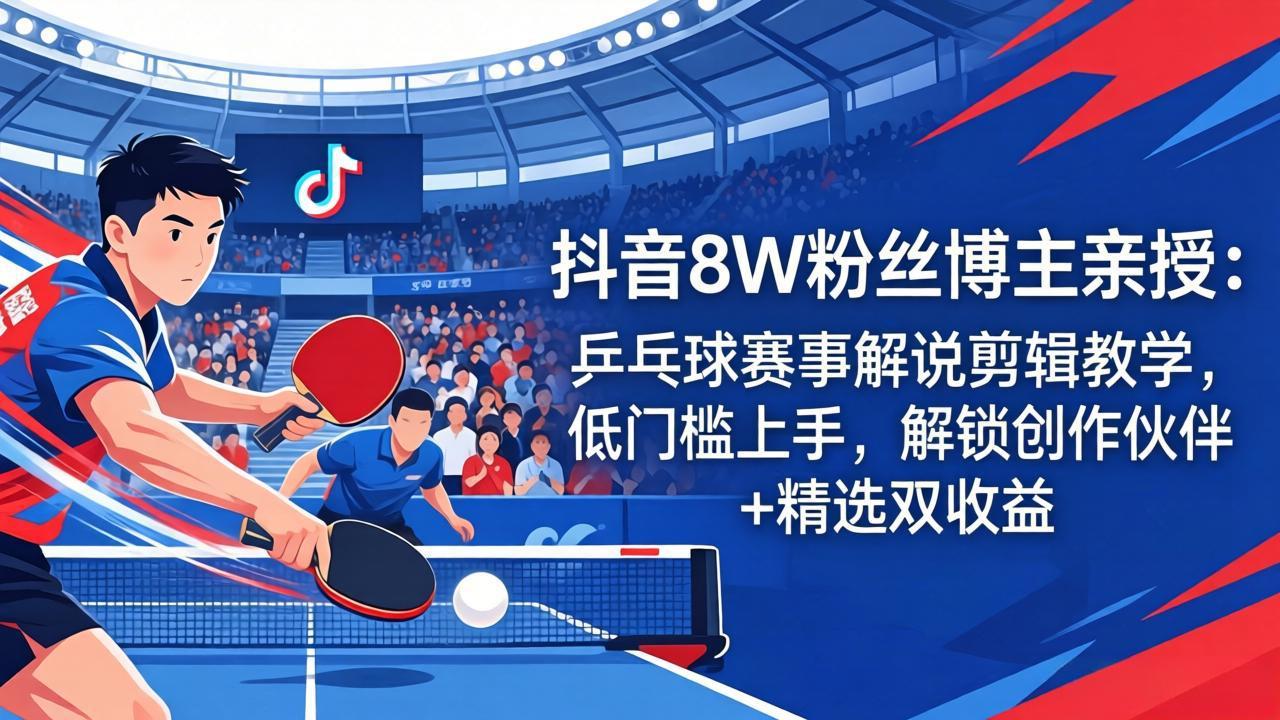 抖音8W粉丝博主亲授：乒乓球赛事解说剪辑教学，低门槛上手，解锁创作伙伴+精选双收益-快名资源网