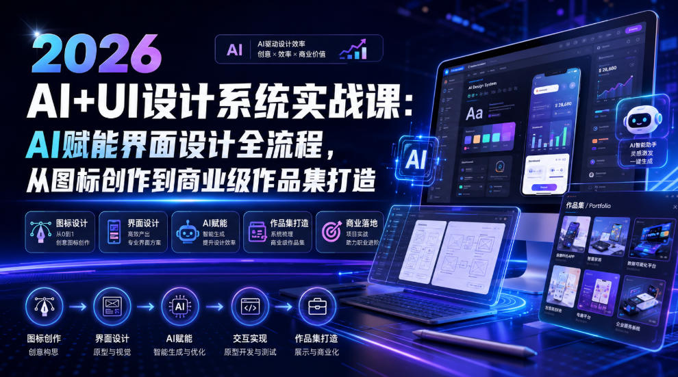 2026 AI+UI设计系统实战课：AI赋能界面设计全流程，从图标创作到商业级作品集打造-青虫资源网
