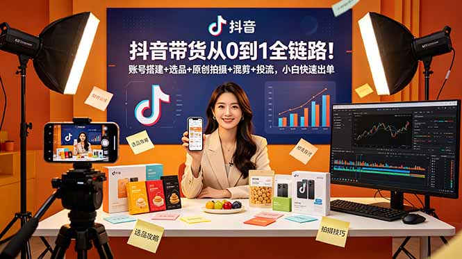 抖音带货从0到1全链路！账号搭建+选品+原创拍摄+混剪+投流，小白快速出单-快名资源网