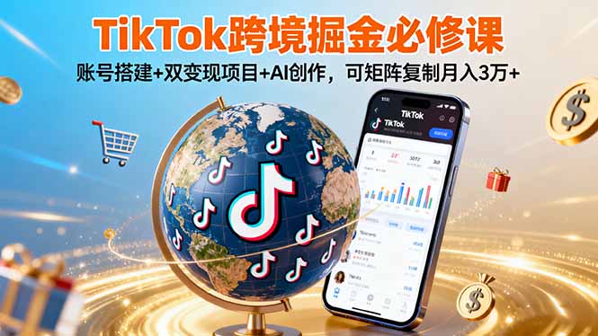 TikTo跨境掘金必修课，账号搭建+双变现项目+AI创作，可矩阵复制月入3万+-青虫资源网