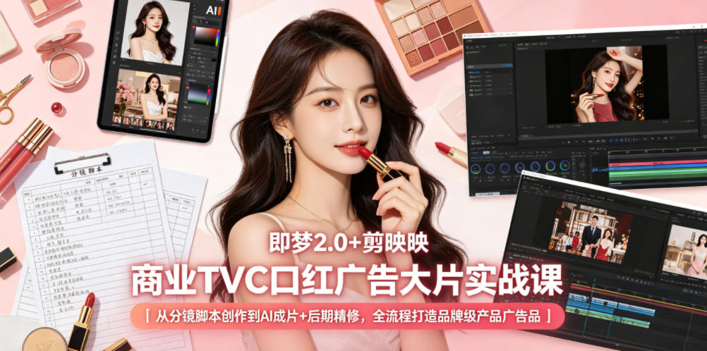 即梦2.0+剪映商业TVC口红广告大片实战课｜从分镜脚本创作到AI成片+后期精修，全流程打造品牌级产品广告-快名资源网