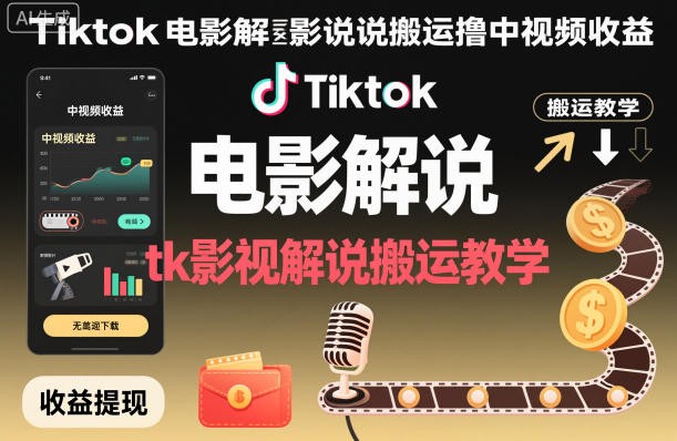 Tiktok电影解说搬运撸中视频收益，tk影视解说搬运教学-快名资源网