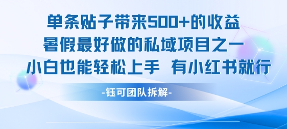 单条贴子带来5张的收益，暑假最好做的私域项目之一，小白也能轻松上手，有小红书就行-快名资源网