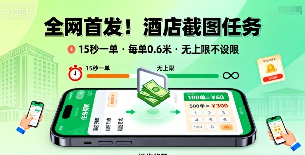 全网首发！酒店截图任务，15秒一单，每单0.6米，任务无上限不设限，矩阵操作单日3张到手【揭秘】-快名资源网