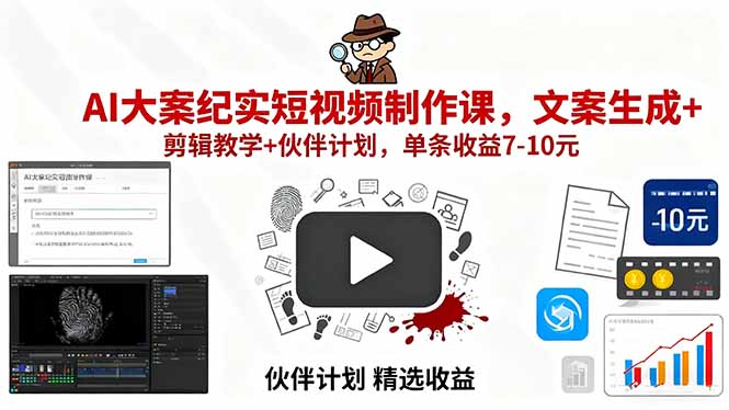 AI大案纪实短视频制作课，文案生成+剪辑教学+伙伴计划，单条收益7-10元-青虫资源网