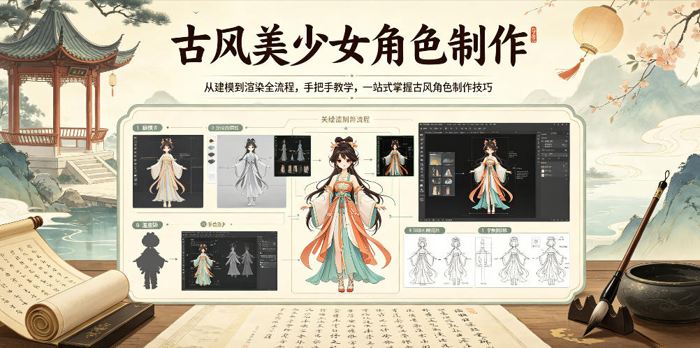 古风美少女角色制作，从建模到渲染全流程，手把手教学，一站式掌握古风角色制作技巧-快名资源网