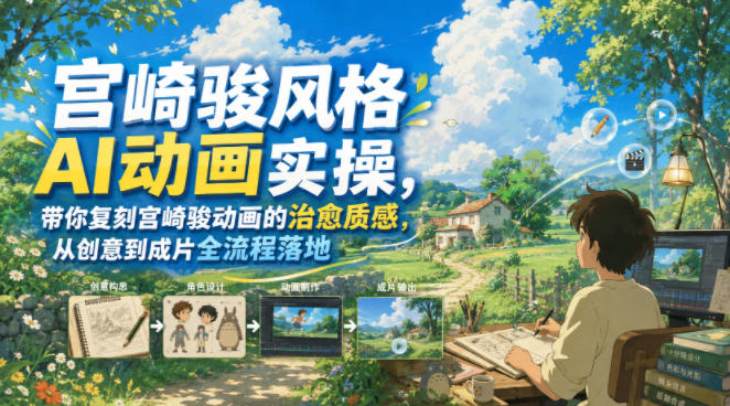 宫崎骏风格AI动画实操，带你复刻宫崎骏动画的治愈质感，从创意到成片全流程落地-青虫资源网