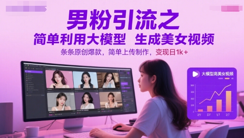 男粉引流之简单利用大模型生成美女视频，条条原创爆款，简单上传制作，变现日1k+-快名资源网