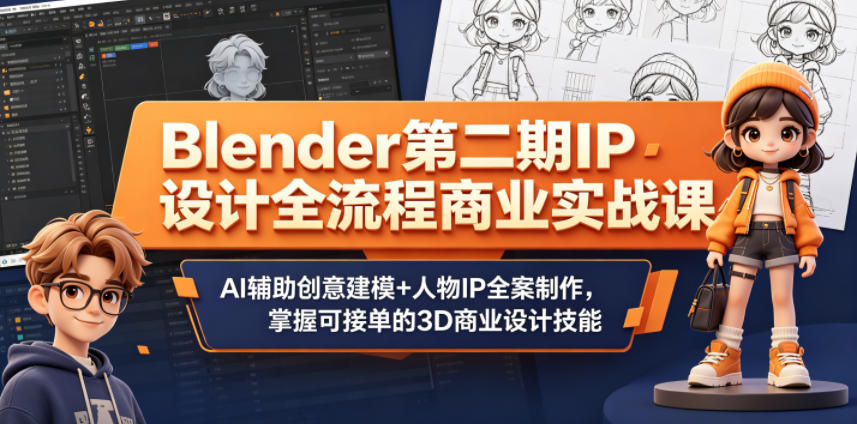 Blender第二期IP设计全流程商业实战课，AI辅助创意建模+人物IP全案制作，掌握可接单的3D商业设计技能-快名资源网