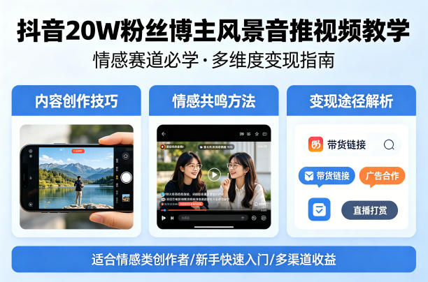 抖音20W粉丝博主风景音推视频教学，情感赛道必学，各种变现途径-快名资源网