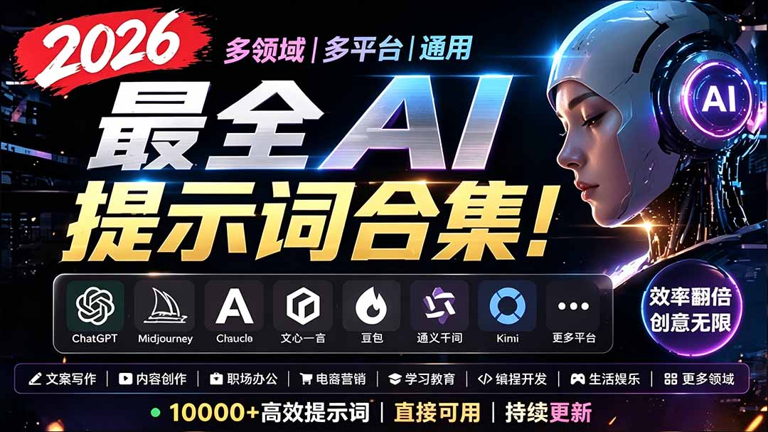 2026最全AI提示词合集！多领域多平台通用，涵盖AI绘画、电商主图、爆款文案，脚本创作等-青虫资源网
