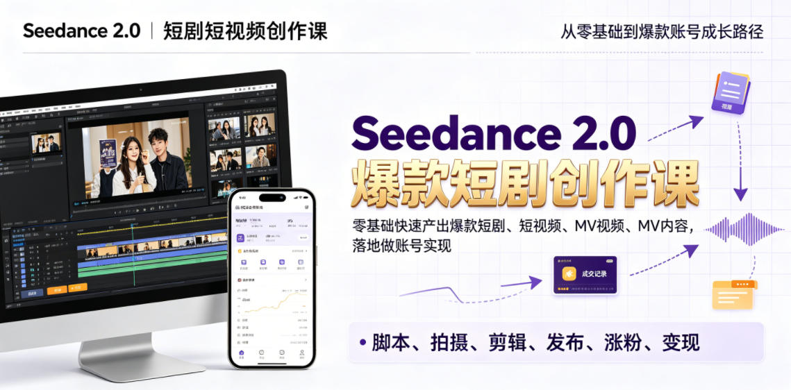 Seedance 2.0短剧短视频创作课，零基础快速产出爆款短剧、短视频、MV内容，落地做账号实现变现-快名资源网