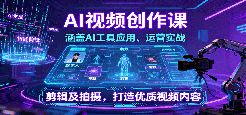 AI视频创作课，涵盖AI工具应用、运营实战、剪辑及拍摄，打造优质视频内容-快名资源网