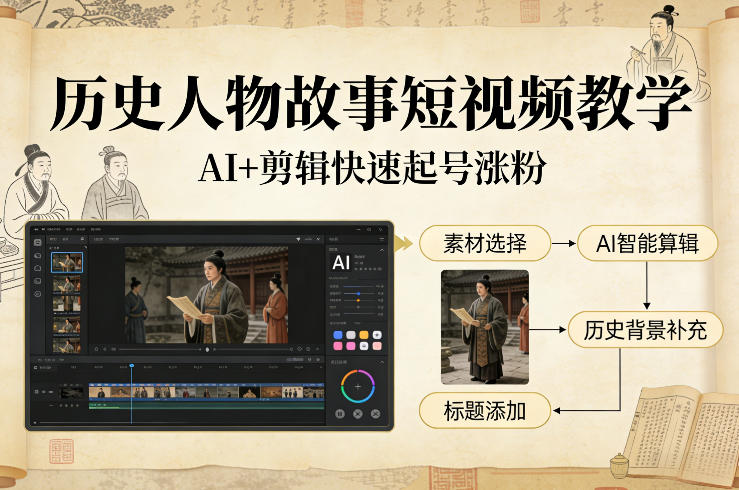 历史人物故事短视频教学，AI+剪辑制作历史人物题材短视频，快速起号涨粉-快名资源网