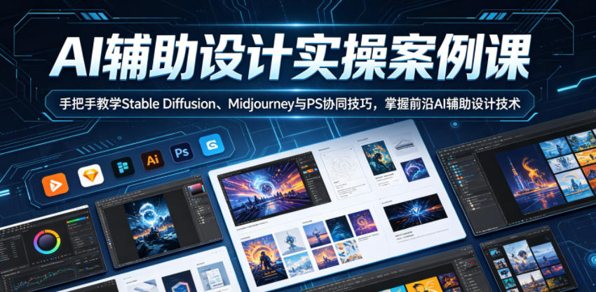 AI辅助设计实操案例课，手把手教学Stable Diffusion、Midjourney与PS协同技巧，掌握前沿AI辅助设计技术-青虫资源网