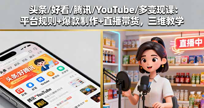 头条/好看/腾讯/YouTube/多变现课：平台规则+爆款制作+直播带货，三维教学-快名资源网