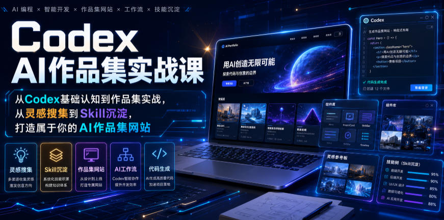 Codex AI作品集实战课，从Codex基础认知到作品集实战，从灵感搜集到Skill沉淀，打造属于你的AI作品集网站-青虫资源网