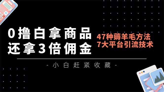 0撸白拿商品，还拿3倍佣金，47种薅羊毛方法，7大平台全方位引流技术教学，精专月入过万-快名资源网
