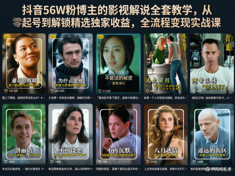 抖音56W粉博主的影视解说全套教学，从零起号到解锁精选独家收益，全流程变现实战课-快名资源网