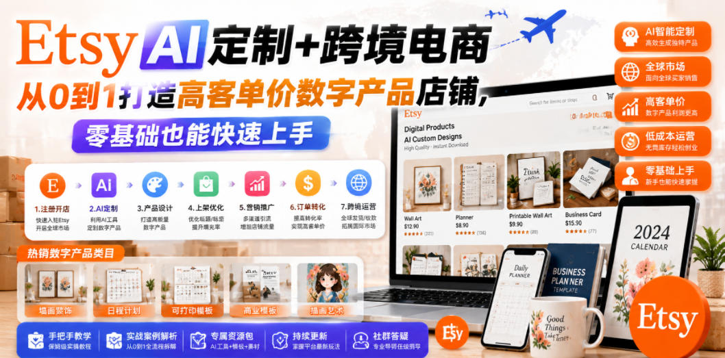 Etsy AI定制+跨境电商，从0到1打造高客单价数字产品店铺，零基础也能快速上手-快名资源网