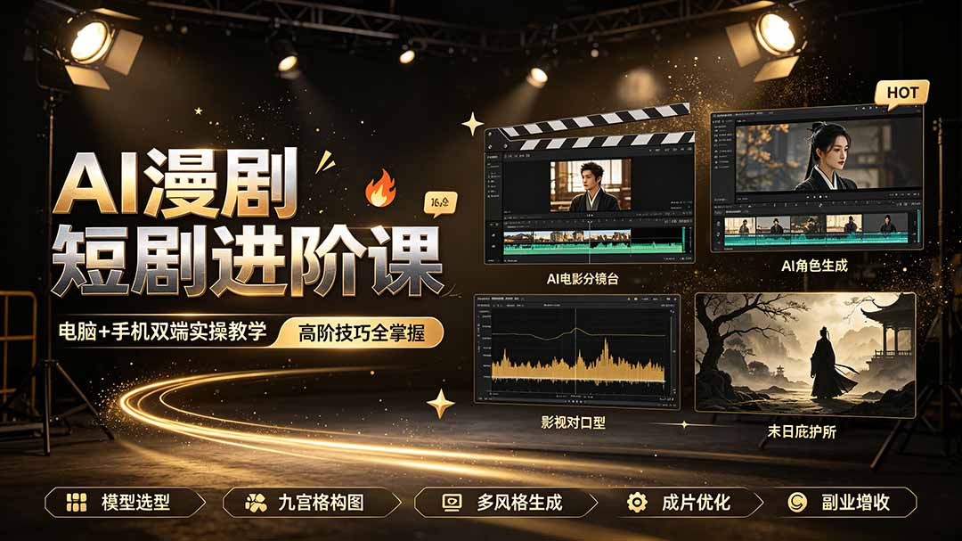 AI漫剧短剧进阶课｜电脑+手机双端实操教学｜影视剧对口型人物吃瓜×解压末日庇护所全程讲解，高阶技巧全掌握-青虫资源网