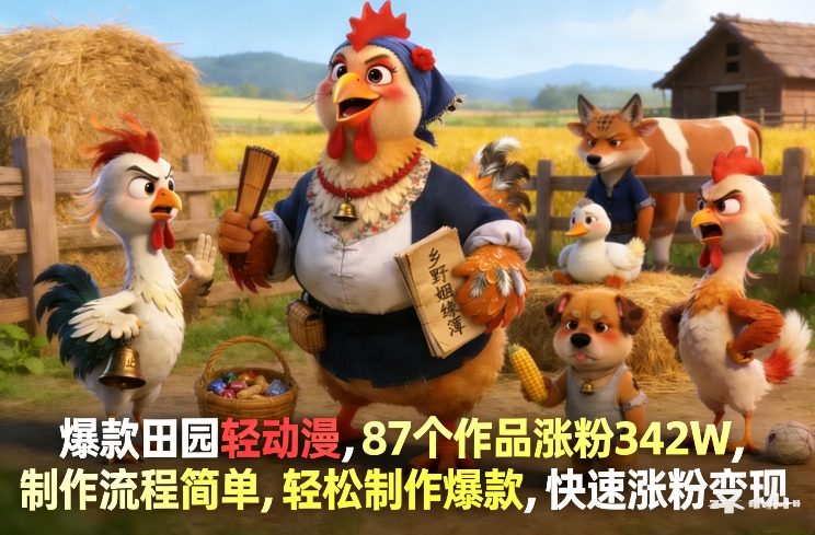 爆款田园轻动漫，87个作品涨粉342W，制作流程简单，轻松制作爆款，快速涨粉变现-快名资源网
