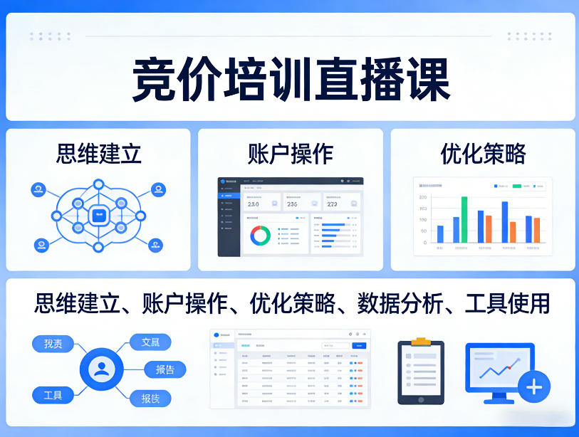 竞价培训直播课，覆盖思维建立、账户操作、优化策略、数据分析、工具使用等，全方位提升效果-快名资源网