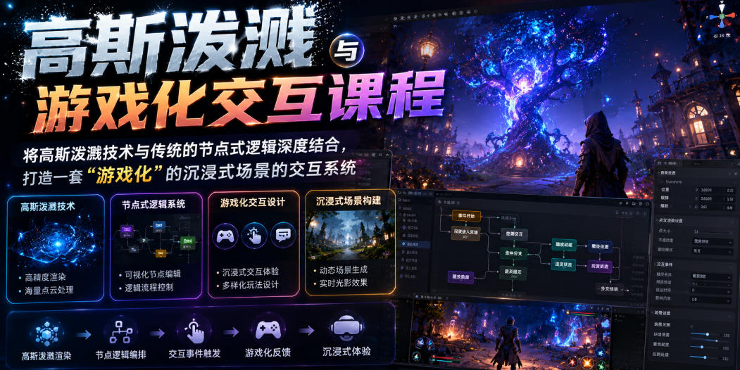 高斯泼溅与游戏化交互课程，将高斯泼溅技术与传统的节点式逻辑深度结合，打造一套“游戏化”的沉浸式场景的交互系统-青虫资源网