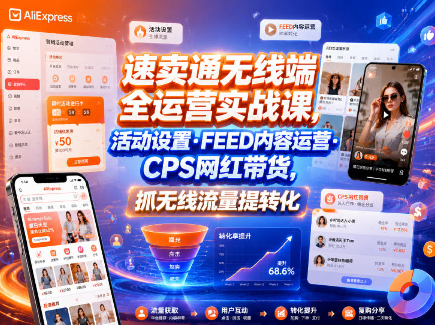速卖通无线端全运营实战课，活动设置・FEED内容运营・CPS网红带货，抓无线流量提转化-快名资源网