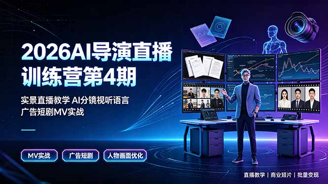 2026AI导演直播训练营第4期，实景直播教学AI分镜视听语言，广告短剧MV实战，解决人物画面崩坏痛点-青虫资源网