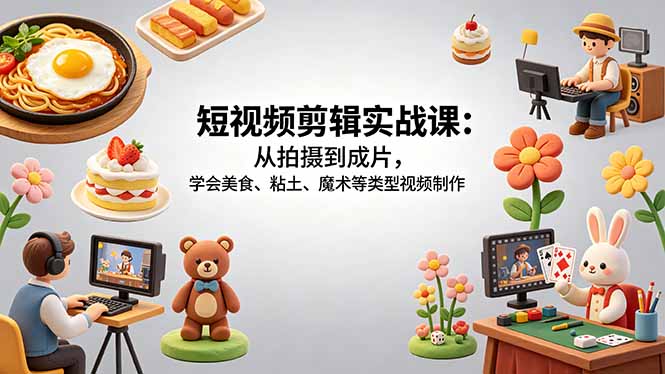 短视频剪辑实战课：从拍摄到成片，学会美食、粘土、魔术等类型视频制作-快名资源网