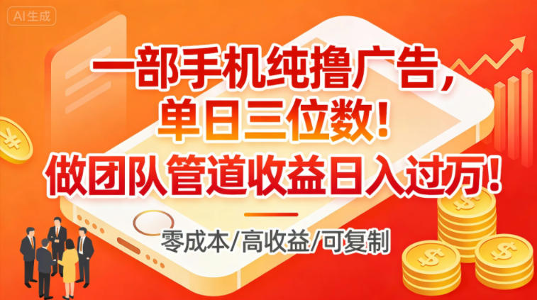 一部手机纯撸广告，单日三位数，做团队管道收益日入过1W-快名资源网